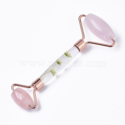 Natural Rose Quartz Massage Tools, Facial Rollers, with K9 Glass & Dried Flower Handle & Zinc Alloy Findings, Rose Gold, 145x57x20.5mm(X-G-R466-01RG)