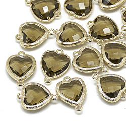 Glass Links connectors, with Golden Tone Brass Findings, Faceted, Heart, Dark Khaki, 16x11.5x4.5mm, Hole: 1mm(GLAA-Q068-09B-03)