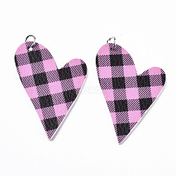 PU Leather Big Pendants, with Platinum Tone Iron Jump Rings, Heart, Pearl Pink, 54x37x2mm, Hole: 5mm(FIND-R084-16B)