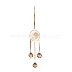 Flat Round & Rose Hanging Crystal Chandelier Pendant, with Prisms Hanging Balls, for Home Window Lighting Decoration, Champagne Gold, 410mm(HJEW-M002-03)