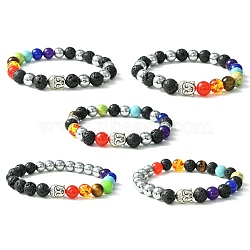 5Pcs 5 Style Natural & Synthetic Mixed Stone Beaded Stretch Bracelets Set, Tibetan Style Buddha Head Stackable Bracelets for Girl Women, Inner Diameter: 2-1/4 inch(5.8cm), 1Pc/style(BJEW-JB09636)