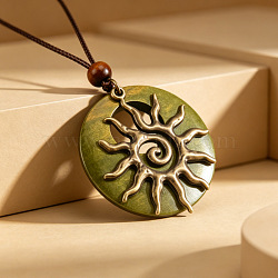 Wood Ring Brass Sun Pendant Adjustable Waxed Cord Necklaces, Olive Color, Golden, 19.69~23.62 inch(50~60cm)(WG3036C-01)