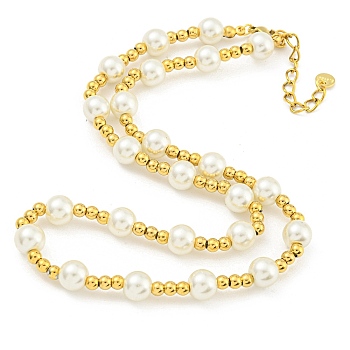 304 Stainless Steel & 201 Stainless Steel & Plastic Pearl Round Beaded Necklaces for Women, Golden, 16.85 inch(42.8cm)