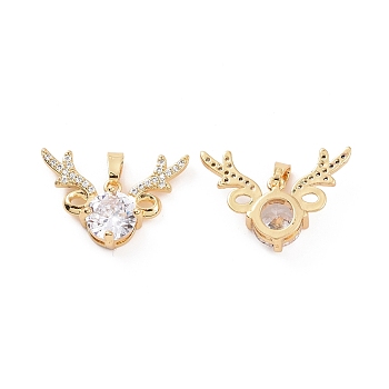 Brass Micro Pave Cubic Zirconia Christmas Deer Pendants, Real 18K Gold Plated, Clear, 16x24x6mm, Hole: 5x2.5mm