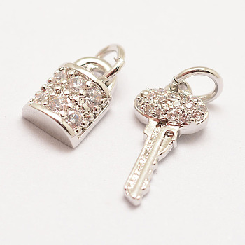 Brass Micro Pave Grade AAA Cubic Zirconia Charms, Long-Lasting Plated, Key and Padlock, Cadmium Free & Nickel Free & Lead Free, Real Platinum Plated, 14x7x3mm & 9x6x4mm, Hole: 3mm