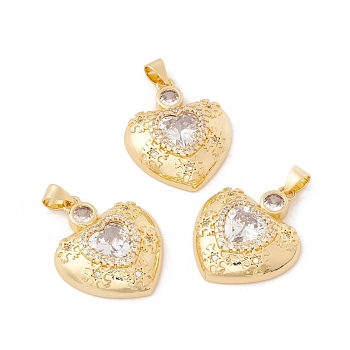 Brass Micro Pave Clear Cubic Zirconia Pendants, Cadmium Free & Lead Free, Heart, Real 18K Gold Plated, 25x21x6mm, Hole: 3x4mm