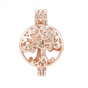 Alloy Locket Pendants, Diffuser Locket, Hollow, Flat Round with Tree, Rose Gold, 30x20x10mm, Hole: 3.5x2.5mm, Inner Measure: 18mm