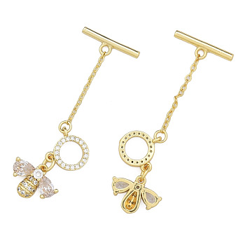 Brass Micro Pave Clear Cubic Zirconia Toggle Clasps, Nickel Free, Bees, Real 14K Gold Plated, 48mm, Bar: 5x16x2mm, Bee: 10x14x3mm, Hole: 1.4mm