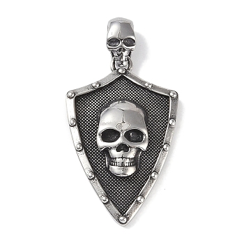 Viking 316 Surgical Stainless Steel Pendants, Shield with Skull Charm, Antique Silver, 39x24.5x6mm, Hole: 7x3.5mm