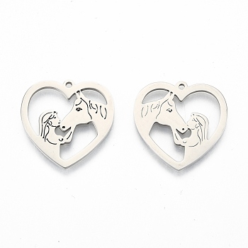 201 Stainless Steel Pendants, Heart with Girl & Horse, Stainless Steel Color, 24.5x25x1.5mm, Hole: 1.5mm