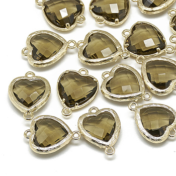 Glass Links connectors, with Golden Tone Brass Findings, Faceted, Heart, Dark Khaki, 16x11.5x4.5mm, Hole: 1mm