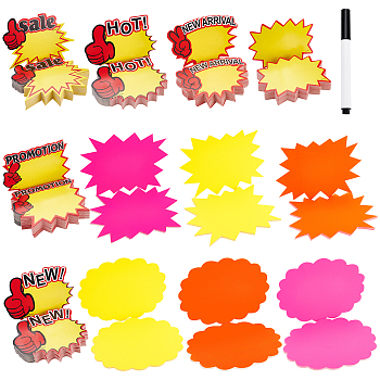 12 Bags 12 Style Explosive Shape & Word Blank Signs Sales Price Label Tags, with 1Pcs Plastic Erasable Pen, for Retail Store Commerce Favors Display, Mixed Color, 9~17x7.5~13x0.03cm, 1bag/style