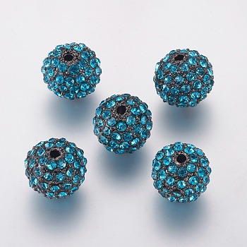 Alloy Rhinestone Beads, Grade A, Round, Gunmetal, Aquamarine, 10mm, Hole: 2mm