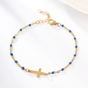 Stainless Steel Link Bracelets for Women, with Enamel, Cross, Real 18K Gold Plated, No Size