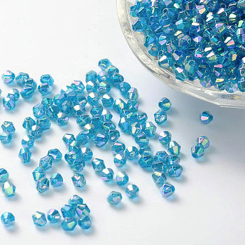 Bicone AB Color Plated Eco-Friendly Transparent Acrylic Beads, Sky Blue, 4x4mm, Hole: 1mm, about 16600pcs/500g