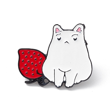 Cute Cat Enamel Pin, Electrophoresis Black Alloy Animal Brooch for Backpack Clothes, Strawberry Pattern, 25x28.5x1.5mm, Pin: 1mm