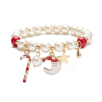 Natural Mashan Jade & Glass Pearl Beaded Stretch Bracelet, Christmas Candy Cane & Santa Claus & Star Charm Bracelet for Women, Red, Inner Diameter: 2 inch(5.2cm)
