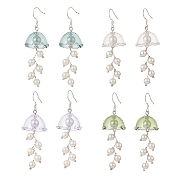 4 Pairs 4 Color Shell Pearl Flower Wind Chime Dangle Earrings, 304 Stainless Steel Jewelry for Women, Mixed Color, 68mm, Pin: 0.6mm, 1 Pair/color