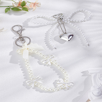 2Pcs 2 Styles Zinc Alloy & Plastic & Polyester Keychains, Bowknot, Platinum, White, 12~17.5cm, 1pc/style