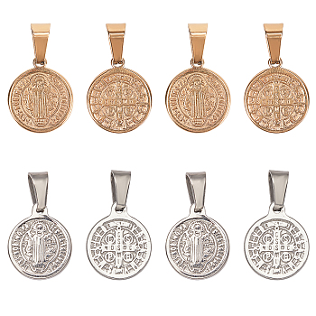 Vacuum Plating 304 Stainless Steel Pendants, Flat Round with Saint Benedict Medal, Golden & Stainless Steel Color, 16x13x2mm, Hole: 4x6mm, 2 colors, 4pcs/color, 8pcs/box