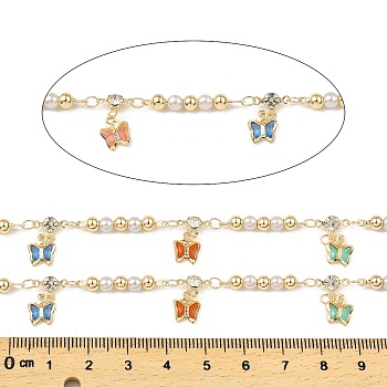 Rack Plating Brass Link Chains, with ABS Plastic Imitation Pearl and Butterfly Glass Charms, Long-Lasting Plated, Soldered, with Spool, Light Gold, 23.5x4mm, about 32.81 Feet(10m)/Roll