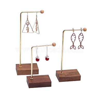 3pcs 3 tailles présentoir de boucles d'oreilles pendantes en forme de L en métal avec base en bois(PW-WG96331-01)-2