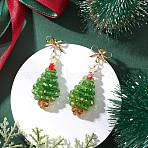 Glass Dangle Stud Earrings, Christmas Trees, Golden, Lime Green, 50x18mm(EJEW-MZ00503)