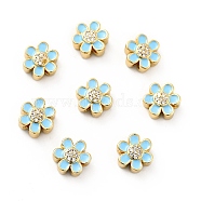 Flower Brass Micro Pave Clear Cubic Zirconia Beads, Real 18K Gold Plated, with Enamel, Cadmium Free & Nickel Free & Lead Free, Light Sky Blue, 10x9x5mm, Hole: 1.8mm(KK-G419-06G-06)