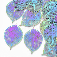 Ion Plating(IP) 201 Stainless Steel Filigree Pendants, Etched Metal Embellishments, Leaf, Rainbow Color, 42.5x29x0.3mm, Hole: 1.2mm(STAS-R102-18)