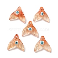 Transparent Glass with Enamel Pendants, Whale Tail with Evil Eye Charms, Coral, 19.5x20x7.5~8mm, Hole: 1.2mm(GLAA-G108-04)