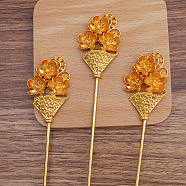 Iron Hair Stick Findings, with Alloy Cabochons Setting, Plum Blossom, Golden, Tray: 2mm and 3mm, 165x31x7.5mm(OHAR-PW0001-266G)