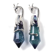 Natural Fluorite Faceted Pointed Bullet Big Pendants, Rack Plating Brass Dragon Charms, Lead Free & Cadmium Free, Platinum, 73.5~78.5x15.5~16.5x15.5~16.5mm, Hole: 4x2.5mm(G-L524-19P-13)