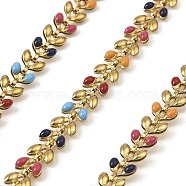 304 Stainless Steel Leaf Link Chains, with Enamel, Ion Plating(IP), Soldered, with Spool, Real 18K Gold Plated, Mixed Color, 6x5.5x1.5mm, 10m/roll(CHS-C014-01G-01)