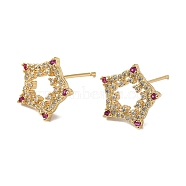 Cubic Zirconia Hollow Star Stud Earrings, Real 18K Gold Plated Brass Jewelry for Women, Lead Free & Cadmium Free, Medium Violet Red, 13x14mm, Pin: 0.8mm(KK-O142-48G)