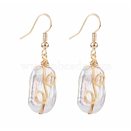 Wire Wrapped Natural Baroque Pearl Keshi Pearl Dangle Earrings, with Brass Earring Hooks, Rectangle, Seashell Color, Real 18K Gold Plated, 42mm, Pin: 0.7mm(EJEW-JE04506-01)