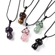 Natural Gemstone Mushroom Pendant Necklace, Wax Rope Macrame Pouch Braided Necklace for Women, 29.92 inch(76cm)(NJEW-E065-01)
