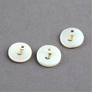 Freshwater Shell Pendants, Flat Round with Gold Blocking Letter.J, 11.5x2mm, Hole: 1.5mm(SSHEL-S249-J)