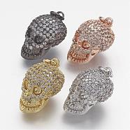 Brass Micro Pave Cubic Zirconia Charms, Skull, Mixed Color, 10x11x15.5mm, Hole: 3mm(ZIRC-F041-07)