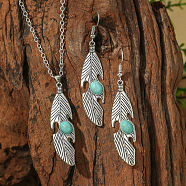 Bohemian Style Alloy & Synthetic Turquoise Pendant Necklaces & Dangle Earrings Sets, Antique Silver, Feather, 66x13mm(WG2E1B4-02)