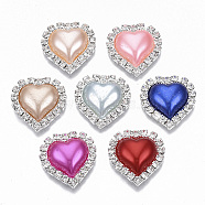 Brass Cabochons, with Crystal Rhinestone & ABS Plastic Imitation Pearl, Heart, Silver, Mixed Color, 22.5x21.5x6mm(X-KK-R128-03)