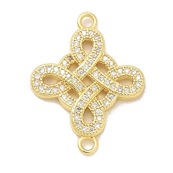 Brass Clear Cubic Zirconia Knot Connector Charms, Rack Plating, Long-Lasting Plated, Lead Free & Cadmium Free, Real 18K Gold Plated, 23.5x18x2.5mm, Hole: 1.6mm(KK-K293-36G)