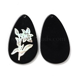 Opaque Flower Pattern Acrylic Pendants, with Shell, Black, Oval, 44x25.5x2.6mm, Hole: 1.6mm(BACR-D001-01J)