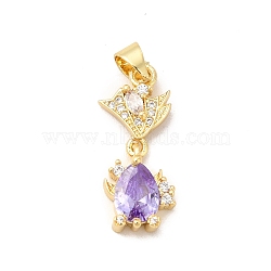 Rack Plating Brass Micro Pave Cubic Zirconia Pendants, Cadmium Free & Lead Free, Long-Lasting, Flower & Teartrop, Purple, 24x10x7mm, Hole: 3x5mm(KK-B068-21G-01)