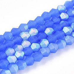 Imitation Jade Bicone Frosted Glass Bead Strands, Half AB Color Plated, Faceted, Royal Blue, 2.9~3.3x2.5mm, Hole: 0.7mm, about 145~150pcs/strand, 16.34~16.54 inch(41.5~42cm)(EGLA-A039-J2mm-MB04)