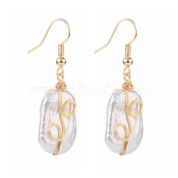 Wire Wrapped Natural Baroque Pearl Keshi Pearl Dangle Earrings, with Brass Earring Hooks, Rectangle, Seashell Color, Real 18K Gold Plated, 42mm, Pin: 0.7mm(EJEW-JE04506-01)