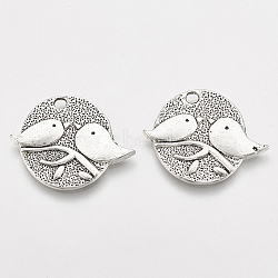 Tibetan Style Alloy Pendants, Flat Round with Bird, Cadmium Free & Lead Free, Antique Silver, 24.5x28x1.5mm, Hole: 2mm, about 370pcs/1000g(TIBEP-S317-44AS-RS)