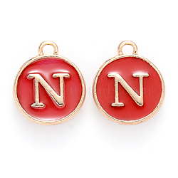 Golden Plated Alloy Enamel Charms, Cadmium Free & Lead Free, Enamelled Sequins, Flat Round with Letter, Red, Letter.N, 14x12x2mm, Hole: 1.5mm(X-ENAM-S118-03N)