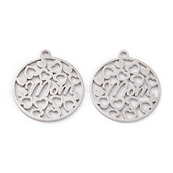 201 Stainless Steel Pendants, Laser Cut, Manual Polishing, Hollow, Flat Round with Word Mom & Heart, Stainless Steel Color, 22x20x1mm, Hole: 1.6mm(STAS-D451-26P)