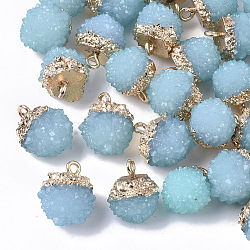 Druzy Resin Pendants, with Top Light Gold Plated Iron Loops, Waxberry, Sky Blue, 15~17x12~14x12~13mm, Hole: 1.8mm(RESI-S383-013A)