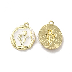Alloy Enamel Pandants, with ABS Plastic Imitation Pearl, Lead Free & Cadmium Free, Light Gold, Oval with Flower, White, 23.5x19x4.5mm, Hole: 1.8mm(ENAM-K067-083G-06)